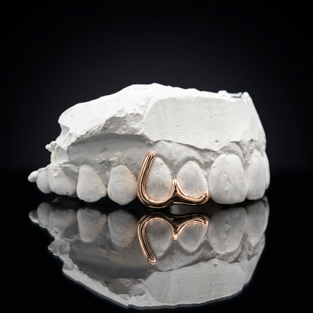 High-polish 14K rose gold abstract contour tooth wire grillz custom fitted on a stone dental cast over a dark reflective base.