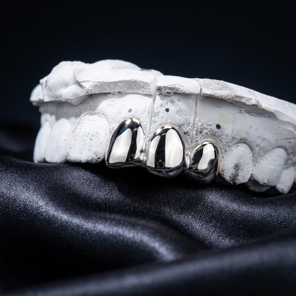 Mirror-finish 14K white gold 3-piece connected full tooth cap grillz custom fitted on a plaster dental model.