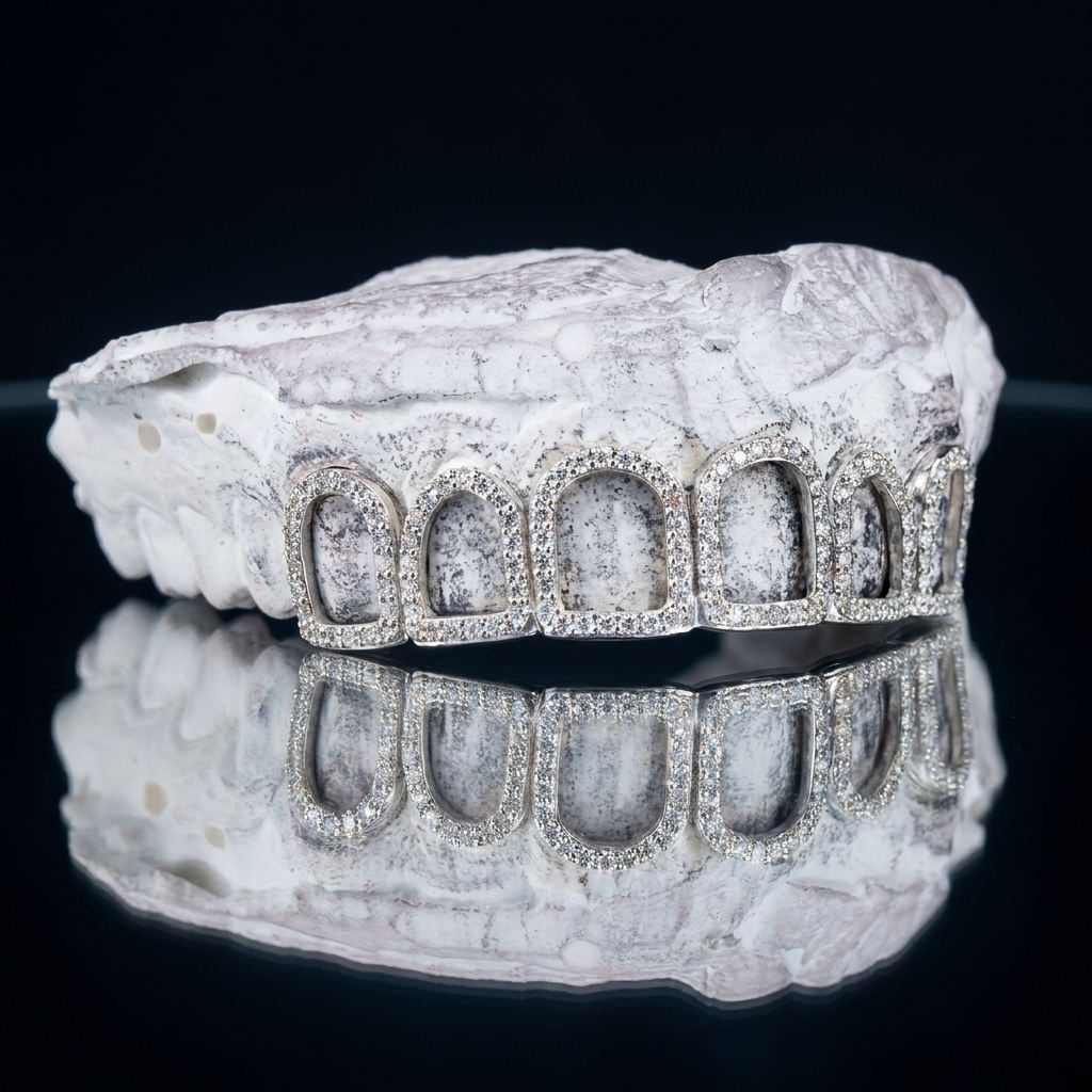 Iced-out 14K white gold open window frame grillz set with pavé diamonds displayed on a dental impression cast over a dark mirror background.