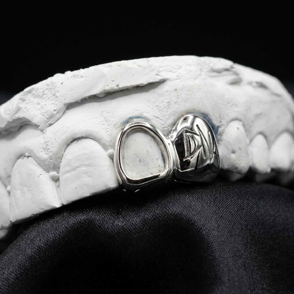 Mirror-finish 14K white gold grillz featuring custom engraved lettering on a solid cap paired with an open window frame on a plaster dental model.