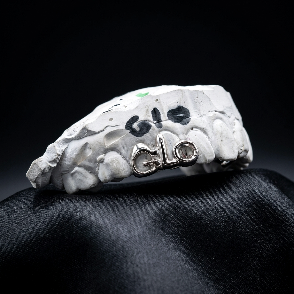 Mirror-finish 14K white gold "GLO" custom lettered grillz set on a plaster dental impression mold against black satin.