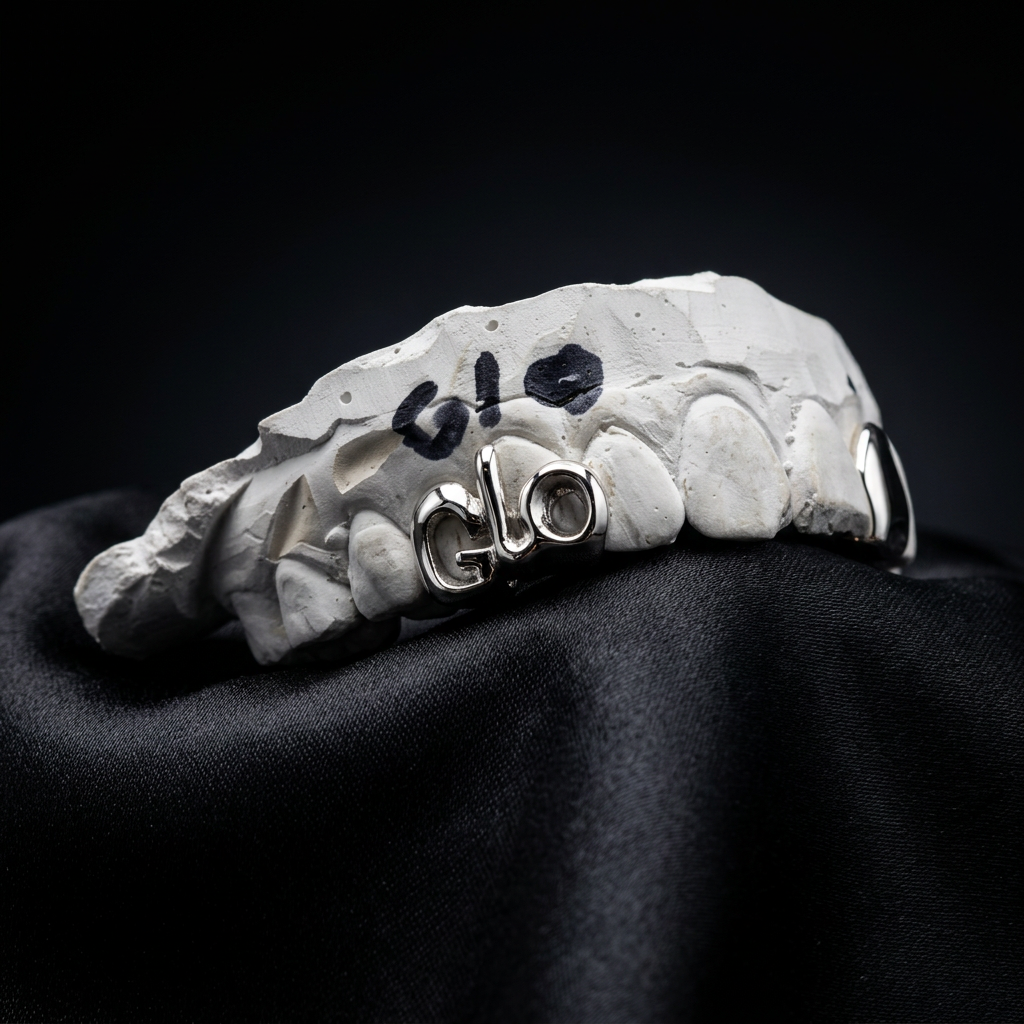 Mirror-finish 14K white gold "GLO" lettered grillz piece and solid incisor cap mounted on a stone tooth mold over black silk fabric.