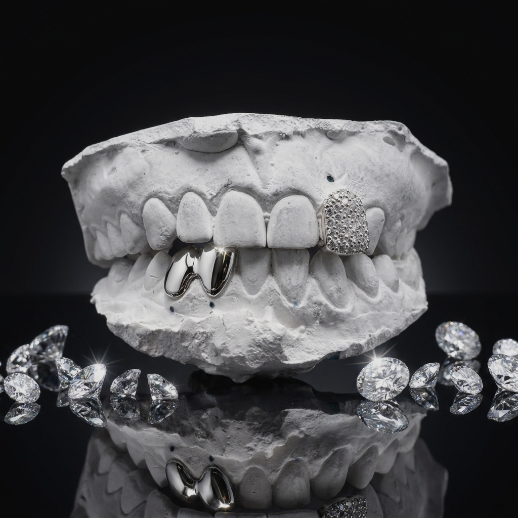 Mirror-finish 14K white gold single tooth cap encrusted with diamonds and a bottom 2-piece solid full cap set on a plaster tooth cast.