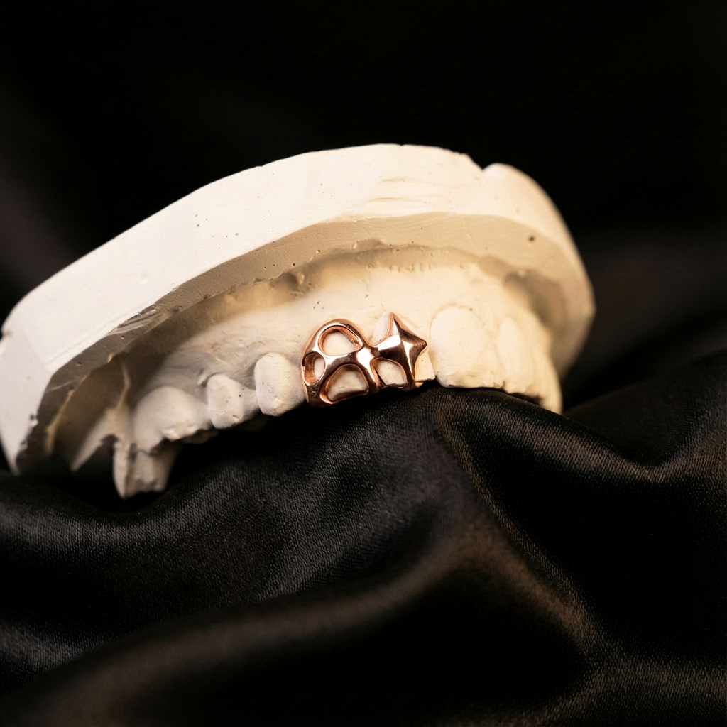 Rose golden grillz with a custom design. Sitting on a dental model on a black cloth.