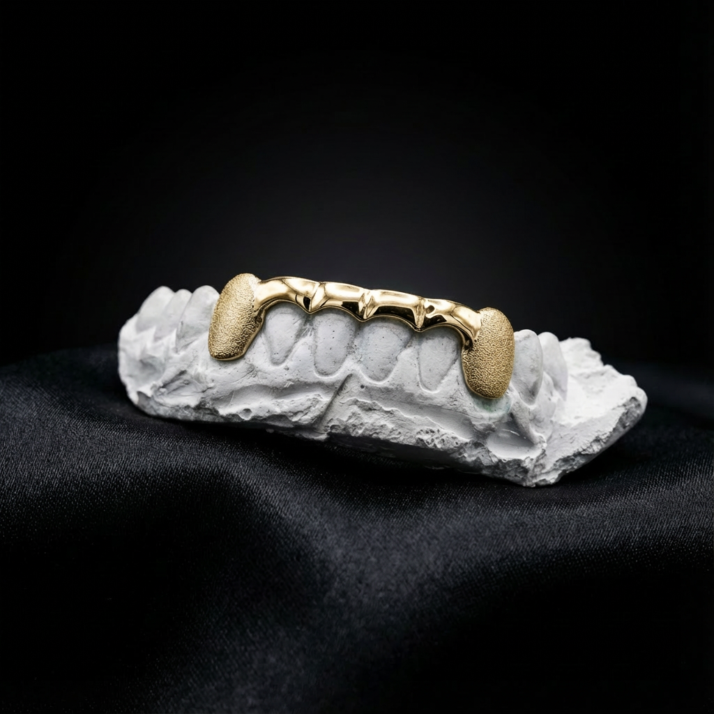 Custom grillz design in gold on bottom teeth with diamond dust