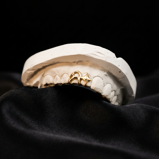 14K yellow golden grillz custom design with a star. Fitted on a dental model laying on a black cloth.