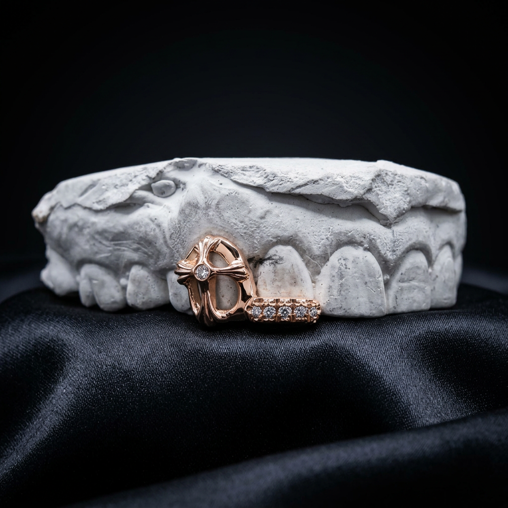Polished rose gold cross window grill with a central diamond paired with an attached pavé diamond bar on a white plaster dental mold. Custom rose gold grillz featuring an ornate cross window cutout with a centered diamond accent, connected to a matching pavé diamond bar. Handcrafted on a custom dental mold.