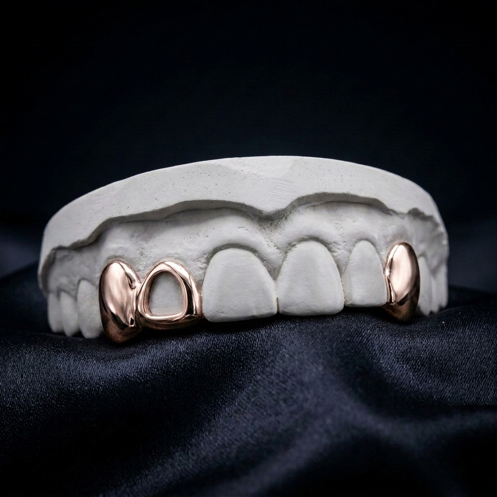 Custom rose gold 2-piece grillz featuring a connected solid tooth cap and open-frame window bar paired with an opposite single canine cap. Handcrafted on a custom dental mold.High-polish rose gold 2-piece grillz set with a connected open-window frame and solid tooth cap on a white dental stone model.