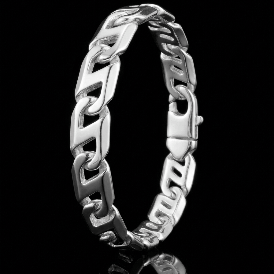 SIlver bracelet with extraordinary links standing upright on a mirrored surface.