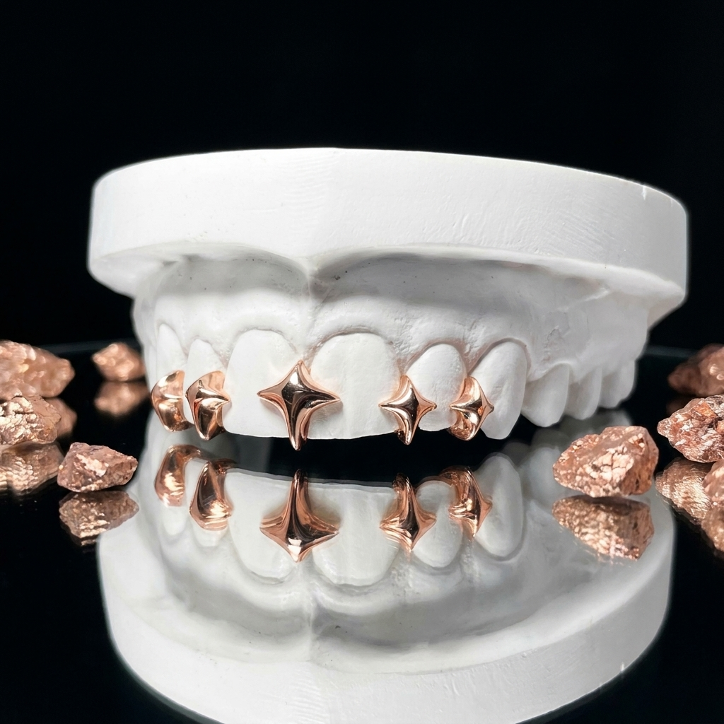 Elevate your smile with our custom 14K rose gold 4-piece star gap filler set. High-polish four-point star accents designed to nestle perfectly between teeth on a custom mold.High-shine 14K rose gold 4-piece star-shaped tooth gap fillers on a plaster dental mold surrounded by raw rose gold ore.