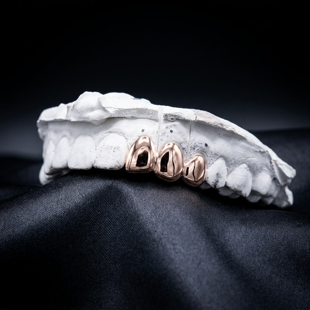 14K rose gold connected 3-piece solid tooth caps displayed on a white plaster dental mold against black satin.