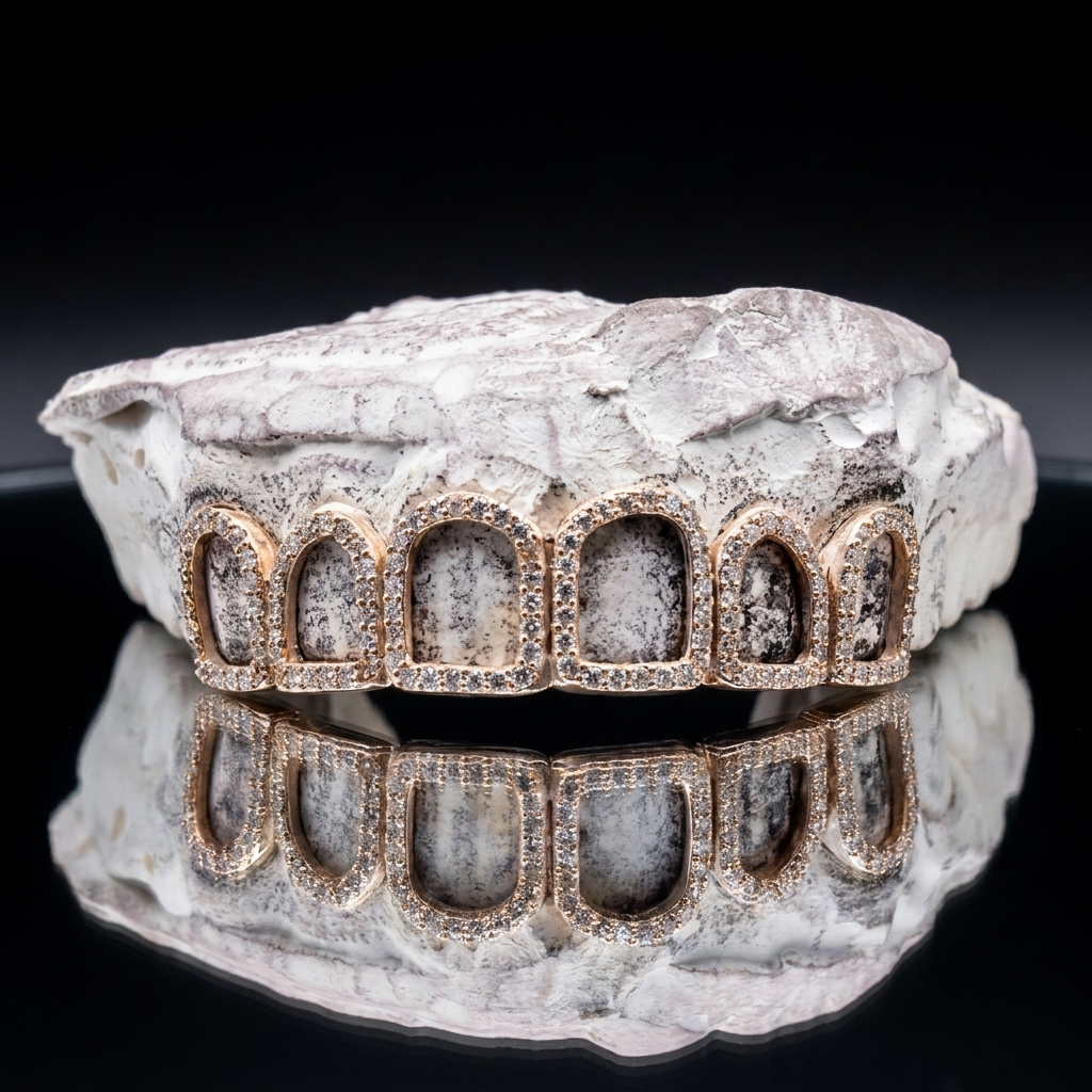 High-polish 14K rose gold open window frame grillz lined with micro-pavé diamonds mounted on a white stone dental cast.