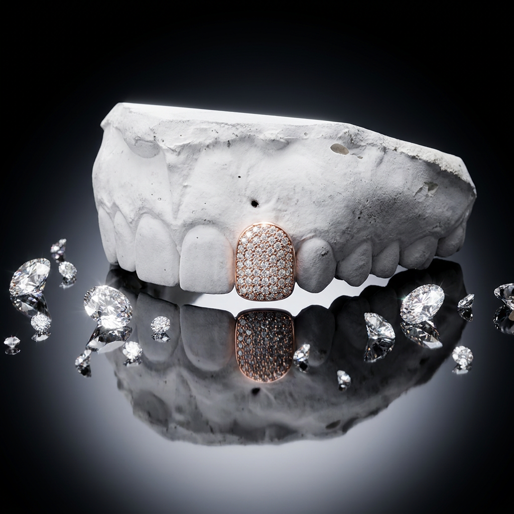 14K rose gold single tooth cap completely paved in diamonds displayed on a custom plaster tooth mold surrounded by loose brilliant diamonds.