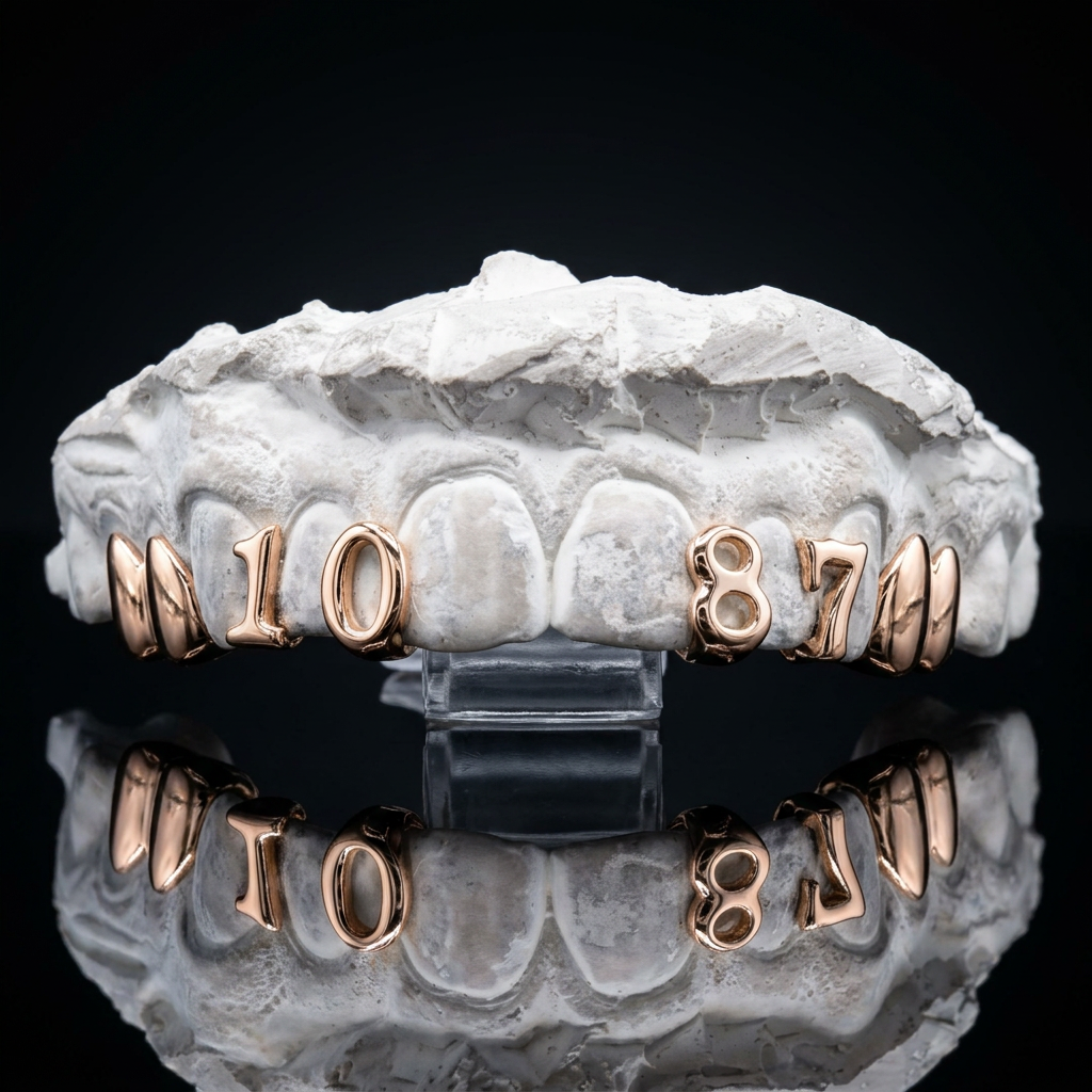 14K rose gold custom grillz set featuring double canine caps and custom cut-out number overlays on a dental plaster mold.