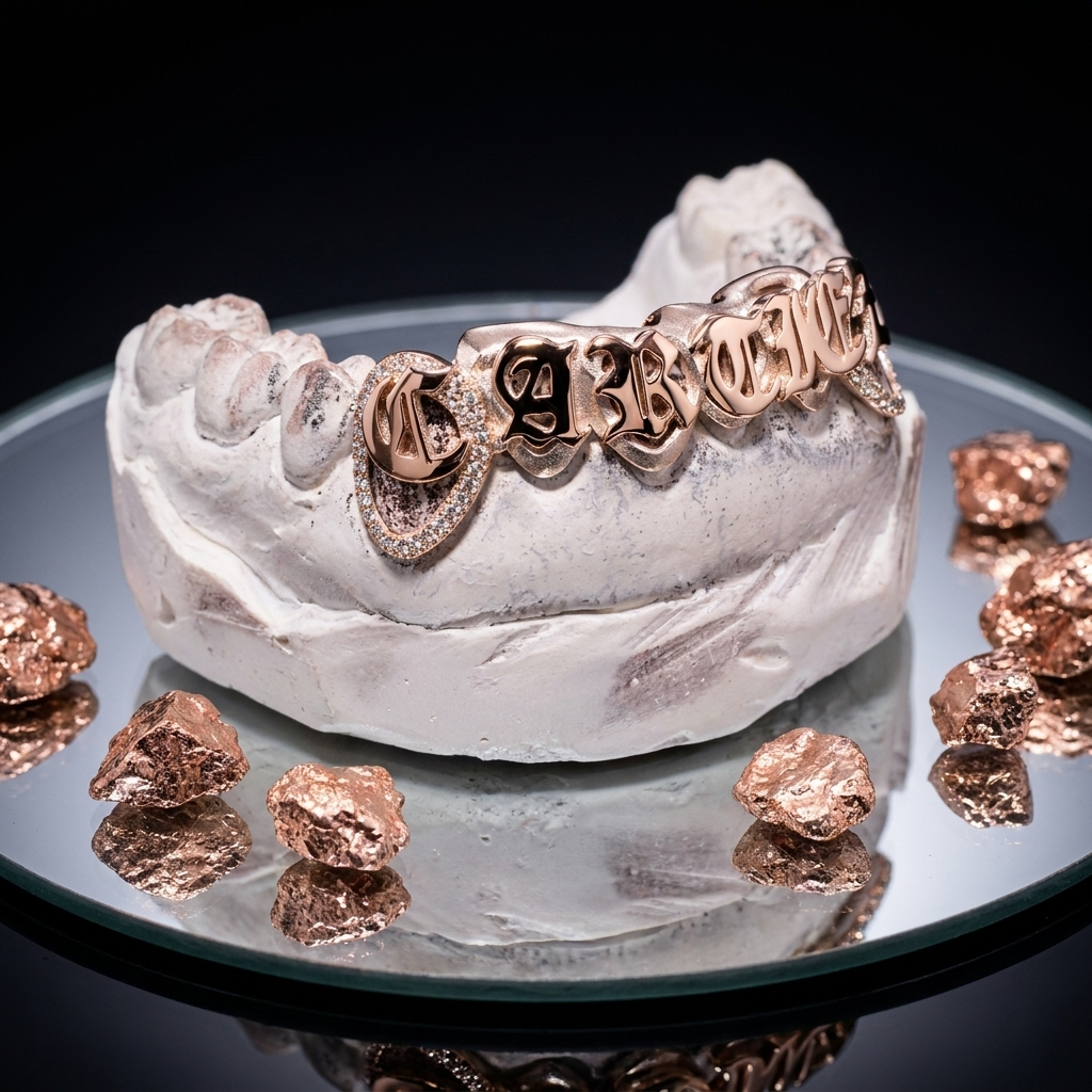 14K rose gold custom 6-tooth grillz with Old English letters and pavé diamond window end-caps on a white stone tooth model.Custom 14K rose gold 6-top grillz spelling in raised Old English lettering, anchored by pavé diamond-set outer window frames. Fitted to a dental mold over a mirrored base with rose gold ore.