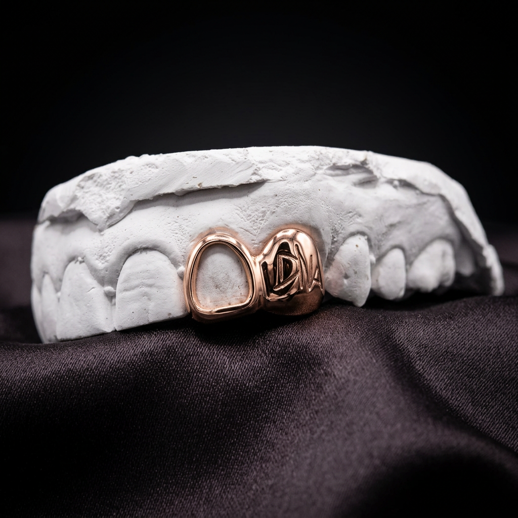High-polish 14K rose gold double-tooth grill with  custom engraving on a solid cap connected to an open window frame on a plaster dental mold.
