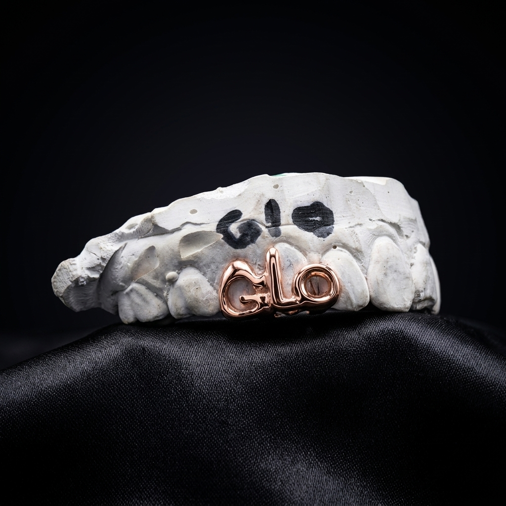 14K rose gold custom "GLO" open-lettering grillz displayed on a plaster tooth mold over dark silk background.