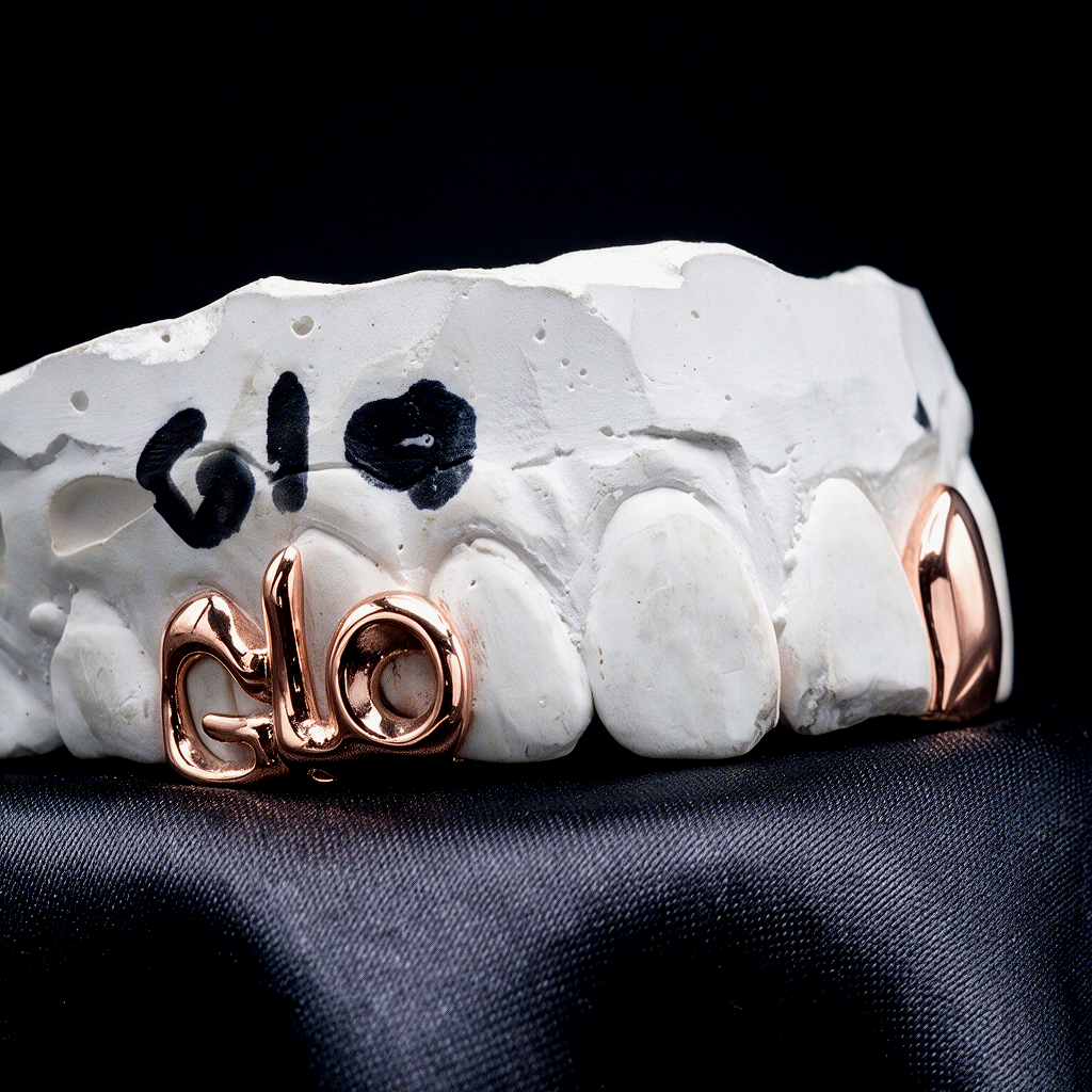 High-polish 14K rose gold "GLO" lettered grillz and solid incisor tooth cap displayed on a plaster dental impression mold.