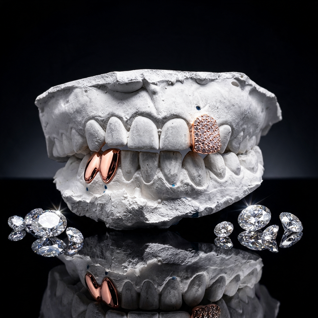 14K rose gold micro-pavé diamond single tooth cap and bottom 2-piece solid full tooth caps mounted on a stone dental cast.