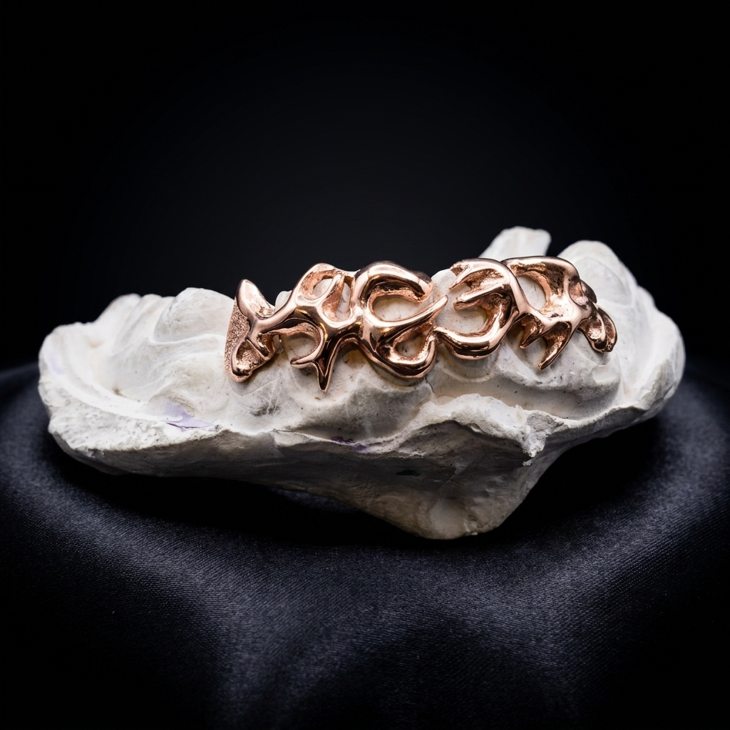 High-polish 14K rose gold custom grillz featuring abstract "Mayson" script lettering mounted on a dental plaster cast.