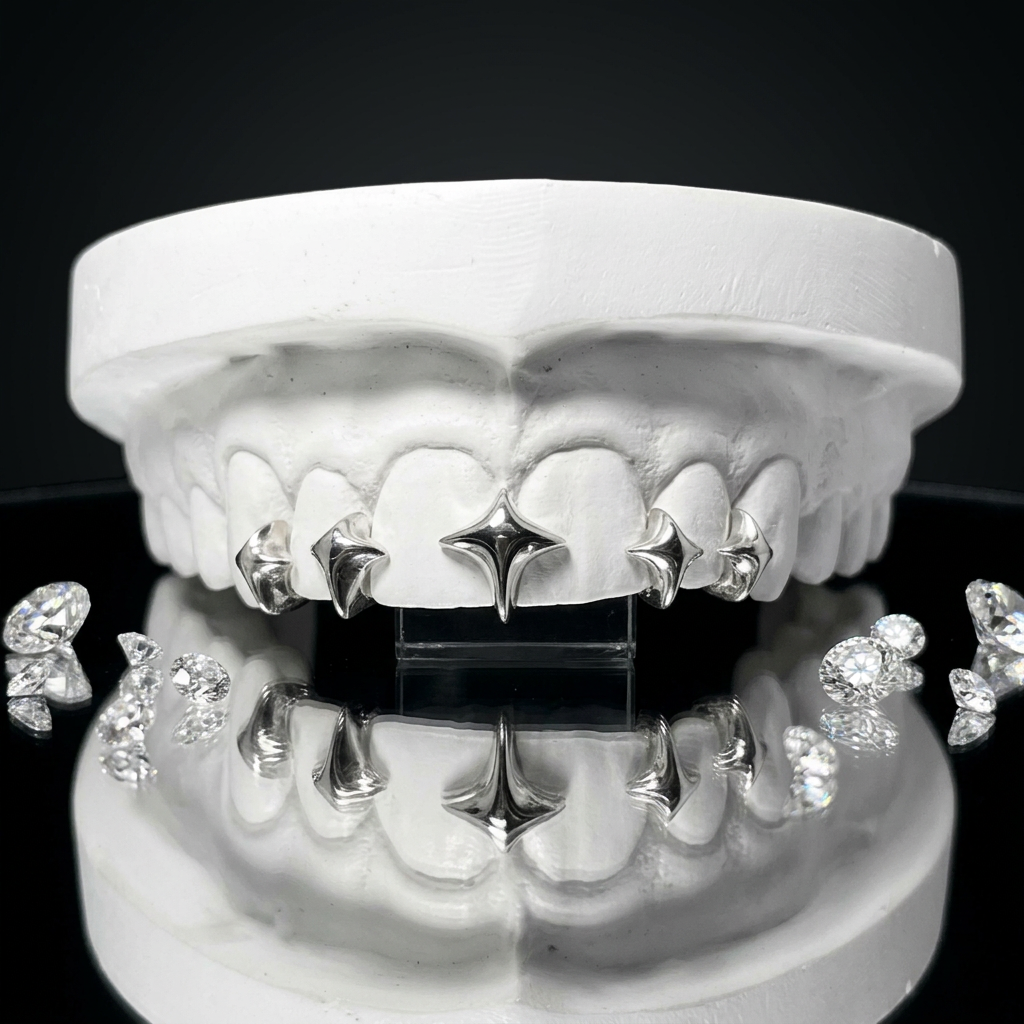 Custom 14K white gold gap filler set featuring four precision-cast starburst emblems fitted between teeth. Hand-finished for maximum shine and displayed with loose diamonds.14K white gold 4-piece star gap filler grillz custom fitted on a dental cast over a mirrored surface with loose brilliant diamonds.