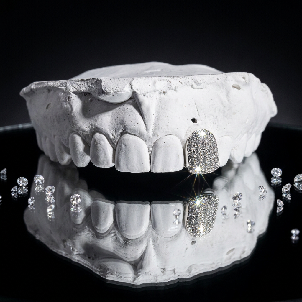 High-sparkle 14K white gold single tooth cap encrusted with micro-pavé diamonds mounted on a plaster dental impression cast.