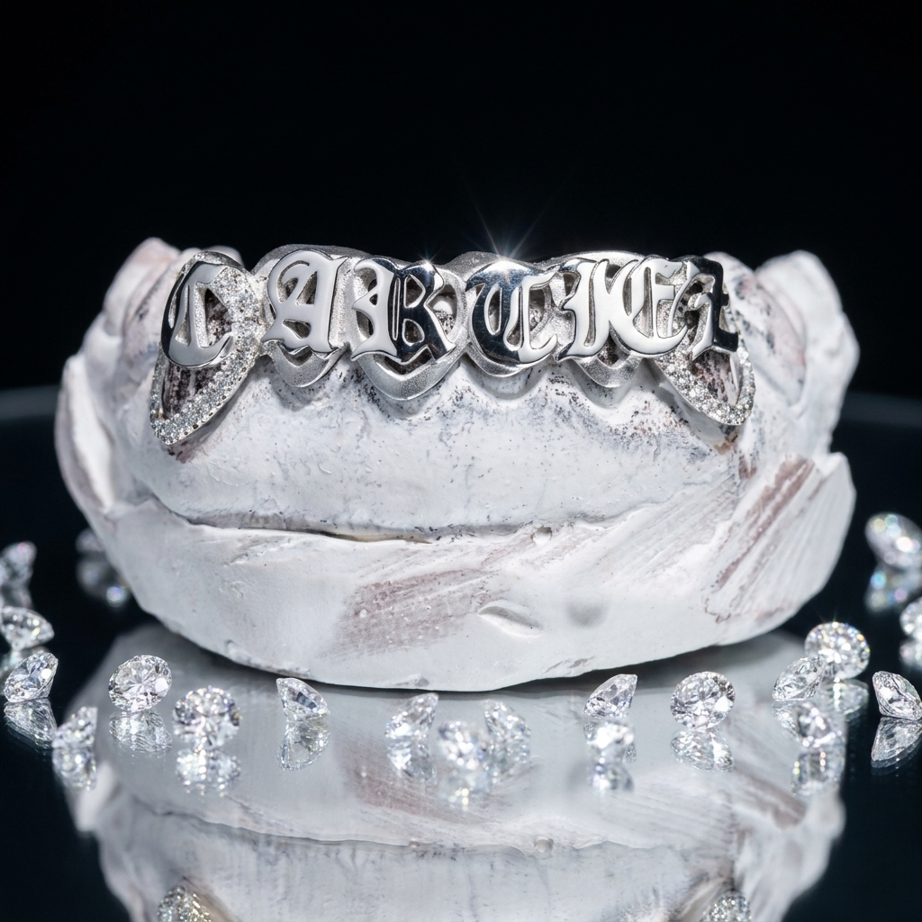 Luxury 14K white gold custom grillz featuring raised Old English lettering paired with pavé diamond canine window accents. Displayed on a dental mold with scattered loose diamonds.14K white gold custom grillz with raised Old English lettering and pavé diamond window ends on a dental model surrounded by brilliant-cut diamonds.