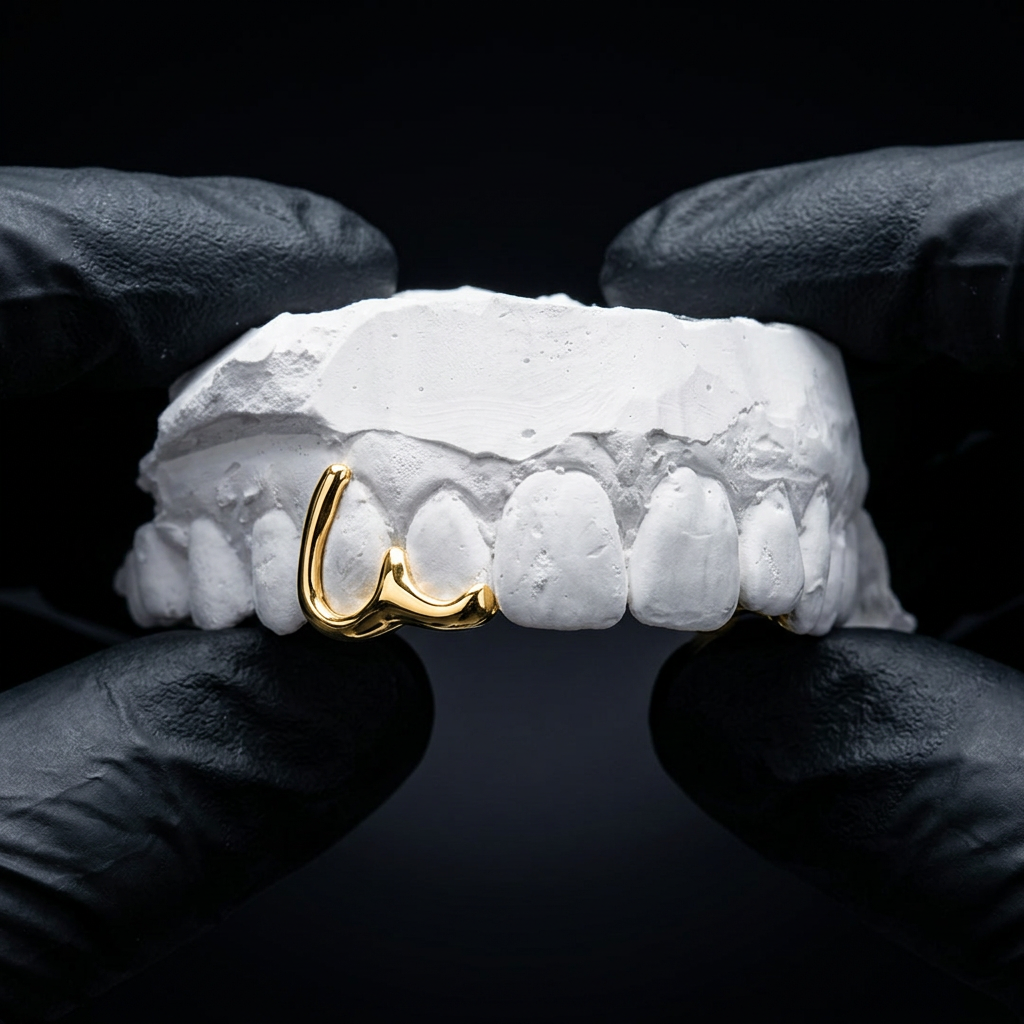 14K yellow gold abstract drip-style contour grillz held on a plaster dental mold by black gloved hands.