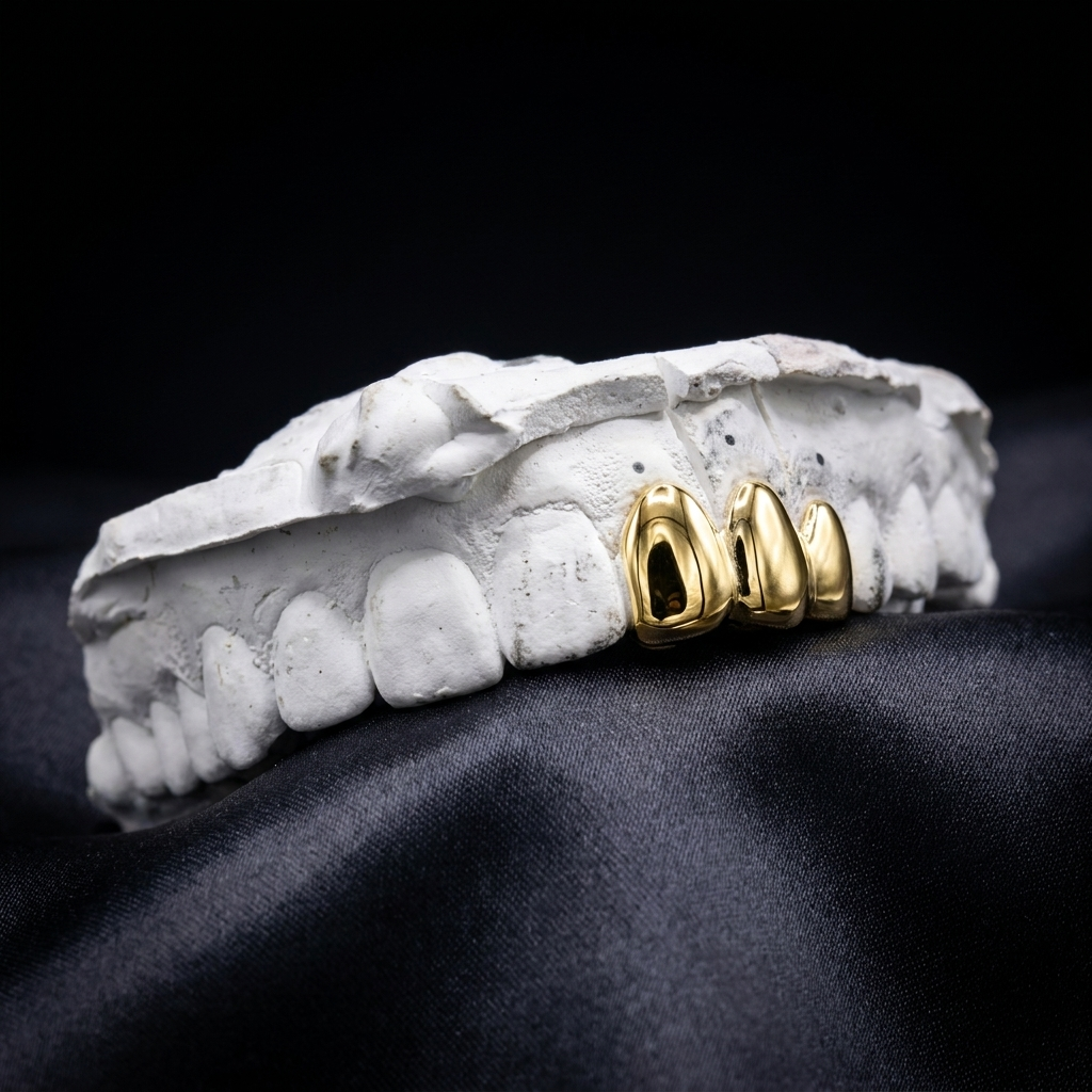Polished 14K yellow gold 3-piece connected full tooth cap grillz set mounted on a dental cast over dark satin fabric.