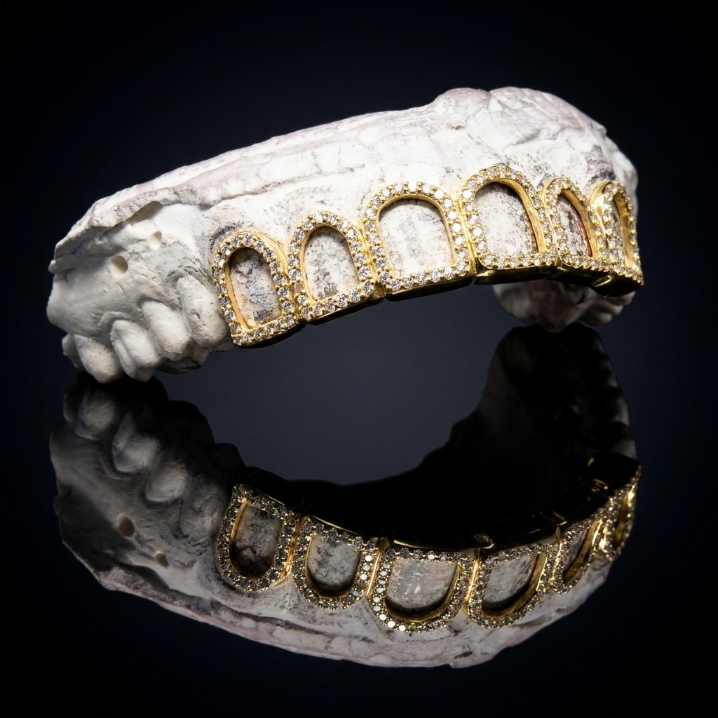 14K yellow gold custom 6-piece open window grillz set with pavé diamonds reflecting on a glossy surface.