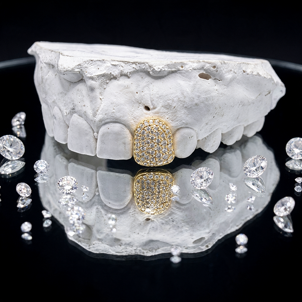 Polished 14K yellow gold iced-out single tooth cap with micro-pavé diamonds on a plaster tooth model reflecting on glass.