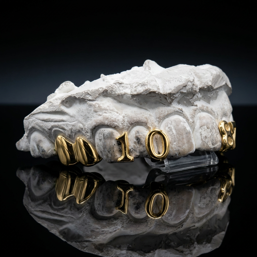 14K yellow gold double canine caps and custom number incisor grillz mounted on a dental impression cast.