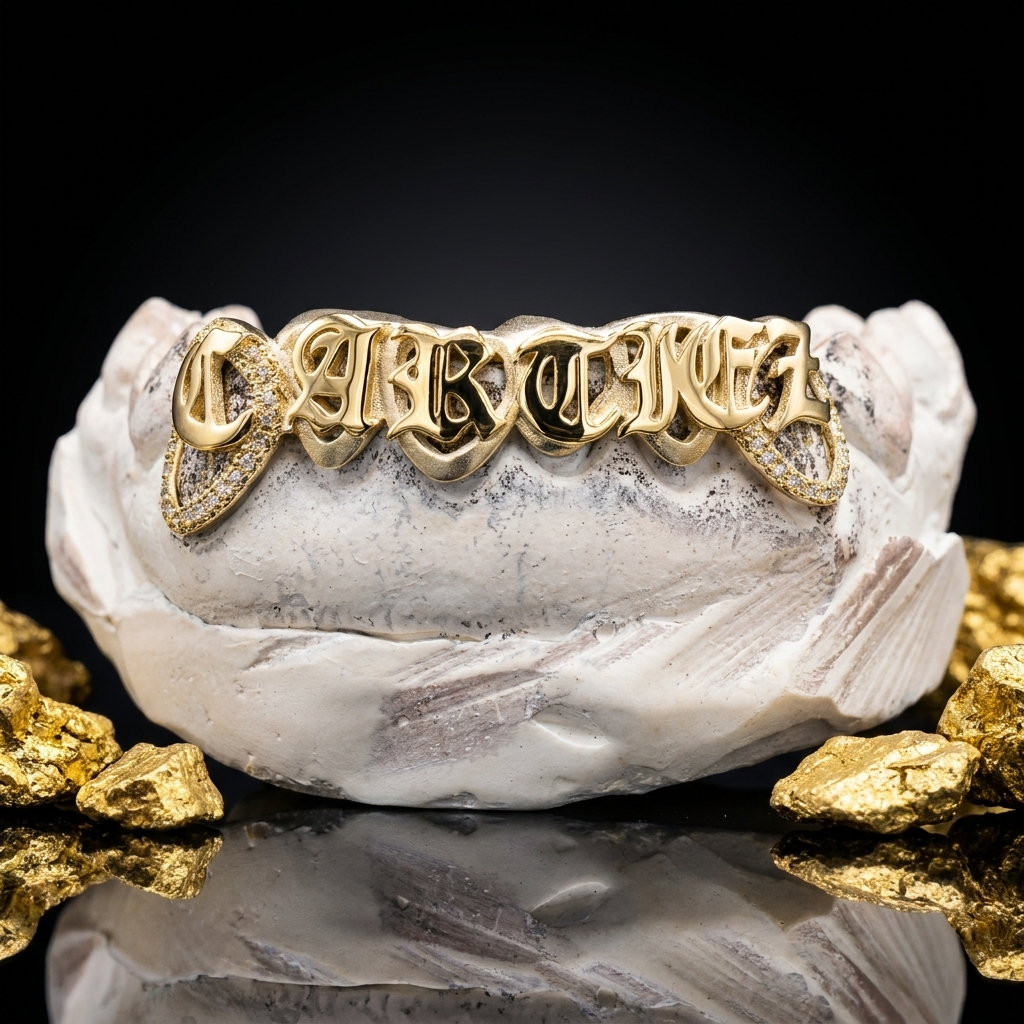Custom 14K yellow gold 6-piece grillz featuring bold 3D Old English  lettering bordered by iced-out pavé diamond frame accents. Precision handcrafted on a plaster cast with gold nuggets.