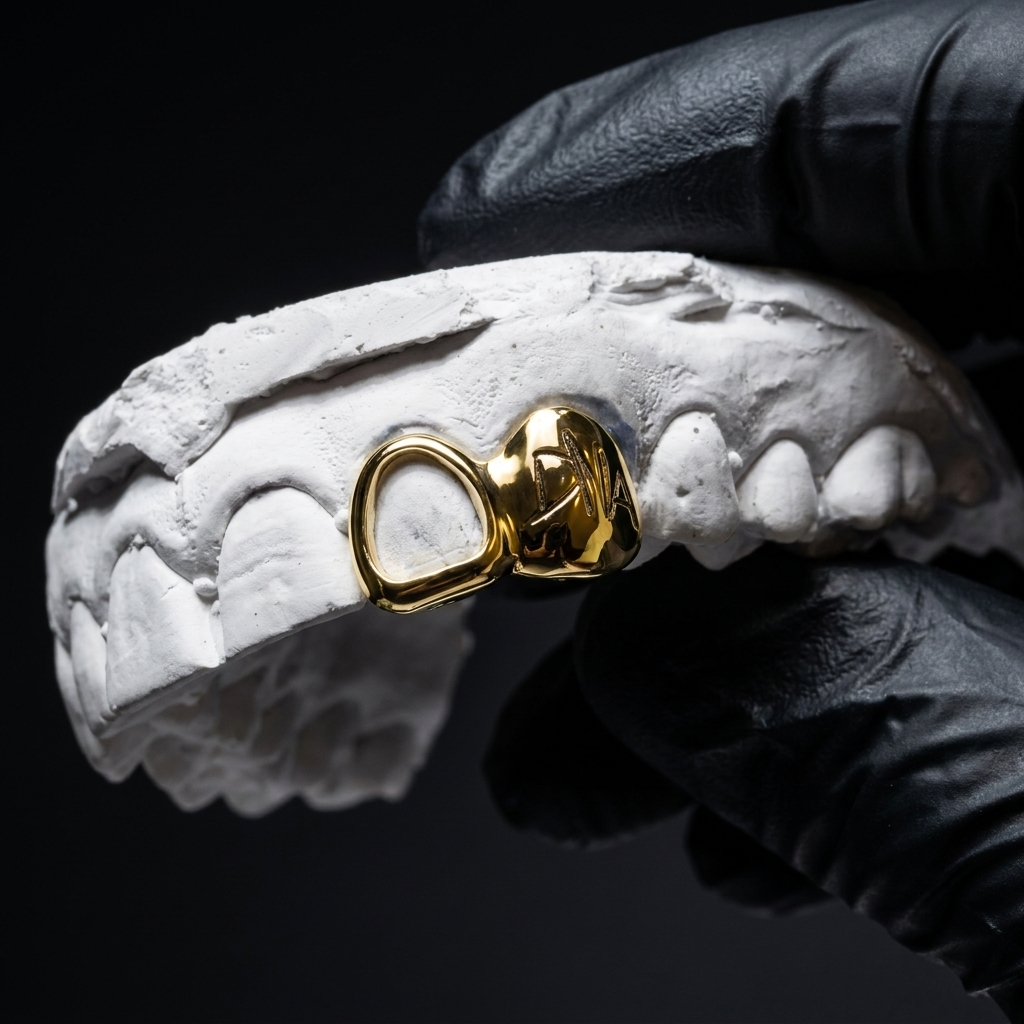 High-shine 14K yellow gold double tooth grill with "DNA" engraving on a solid cap connected to an open window cutout, held on a dental stone impression.