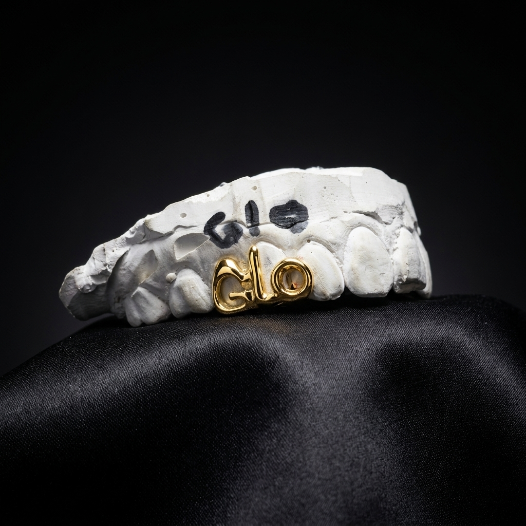 Polished 14K yellow gold custom "GLO" lettered grillz piece mounted on a plaster dental model over black satin fabric