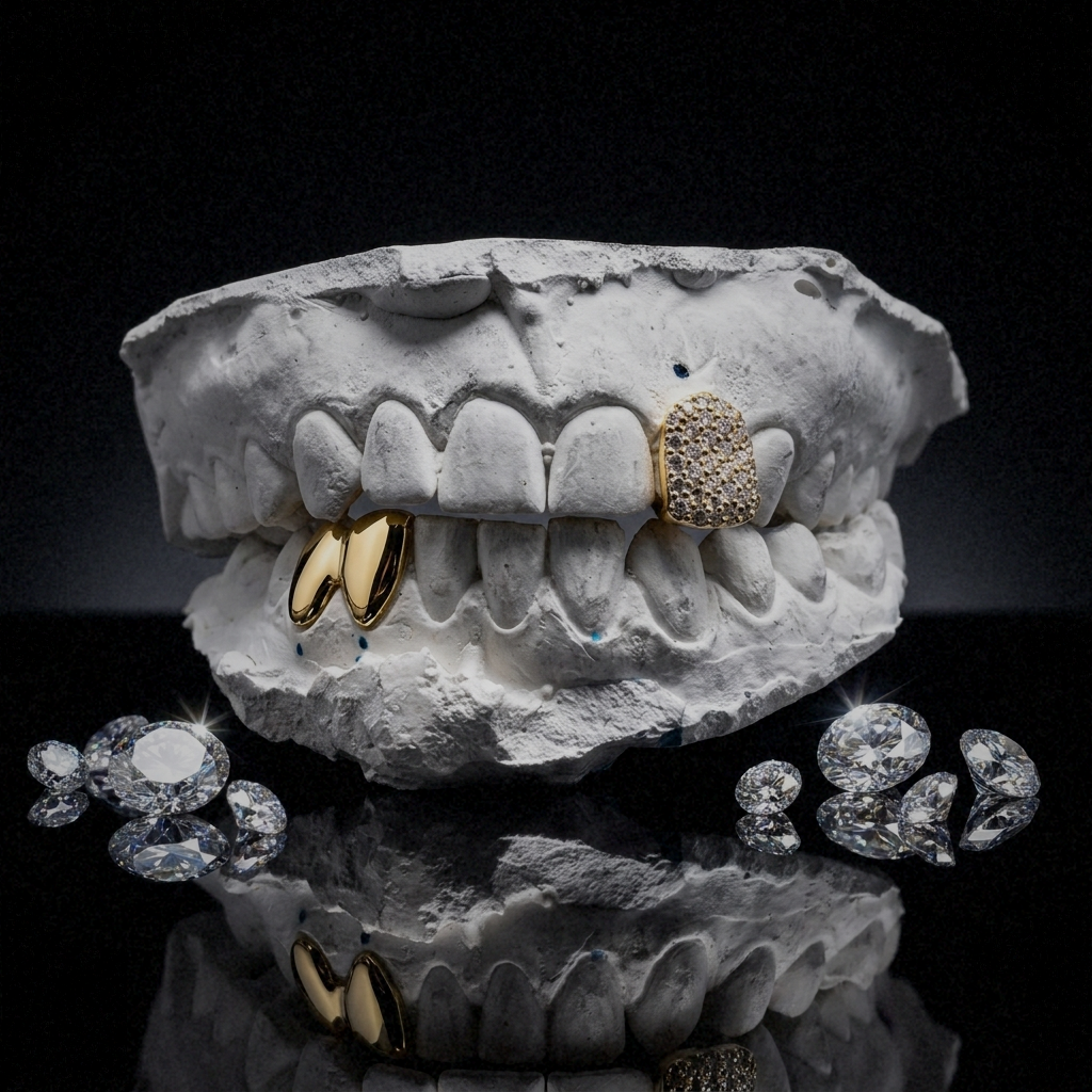 14K yellow gold iced-out single diamond tooth cap paired with a bottom 2-piece solid full cap set on a plaster tooth cast with loose diamonds.