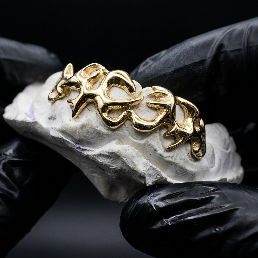 14K yellow gold "Mayson" custom script grillz held on a white plaster tooth mold by black gloved hands.