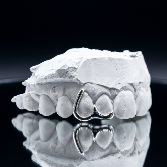 Polished 925 sterling silver abstract organic wire grillz mounted on a dental plaster mold reflecting on a glossy surface.