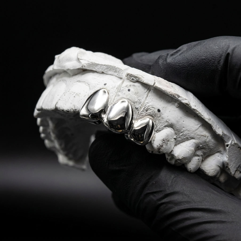 Sterling silver connected 3-piece full tooth cap grillz held on a white plaster dental mold over black silk.