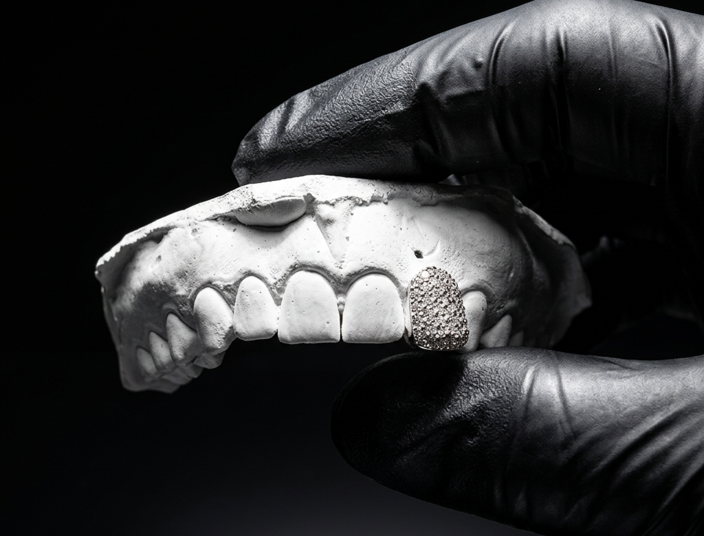Sterling silver single tooth cap fully encrusted with micro-pavé diamonds held on a dental cast by black gloved hands.