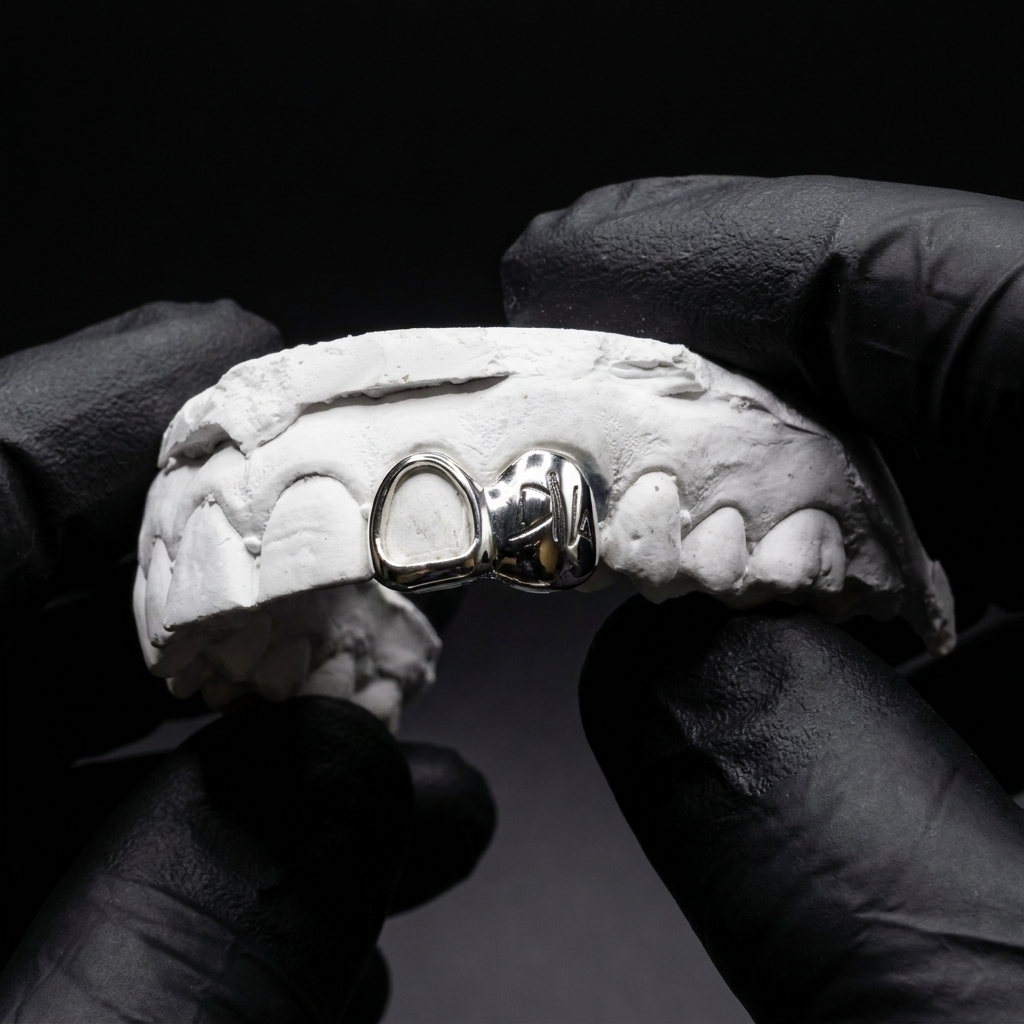 Polished 925 sterling silver custom grillz with custom engraved lettering on a solid tooth cap joined to an open cutout window on a dental mold.