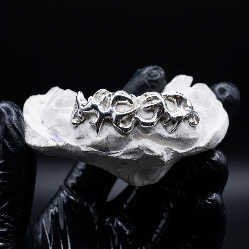 925 sterling silver custom grillz with flowing "Mayson" script lettering displayed on a stone dental cast held by gloved hands.