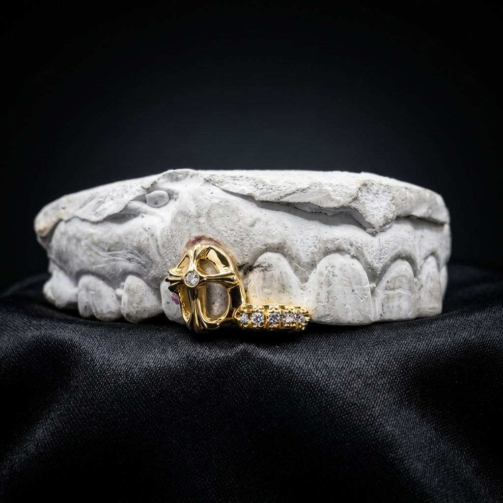 Polished yellow gold grill featuring an open cross cutout with a central diamond and an attached pavé diamond bar on a dental plaster cast. Custom yellow gold grillz featuring an ornate cross window tooth cutout set with a center accent diamond, paired with an adjacent pavé diamond bar. Handcrafted on a custom dental mold.