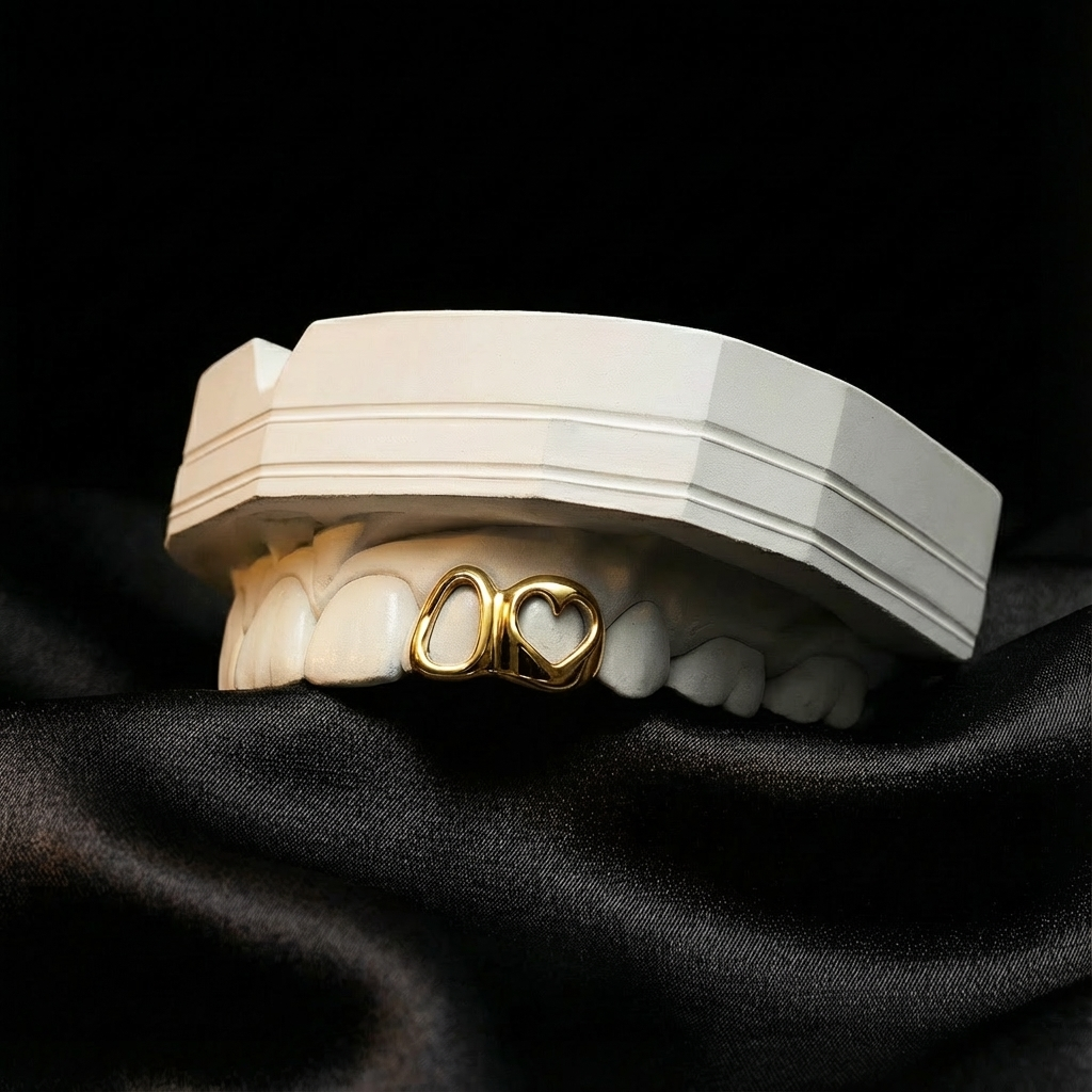 Custom yellow gold heart grillz with window