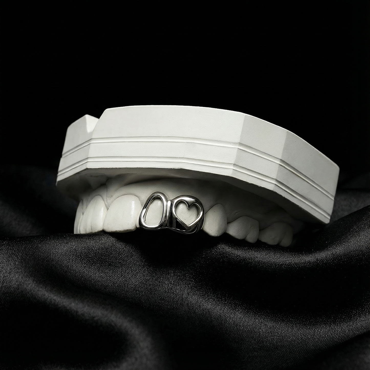 Custom silver heart grillz set with window