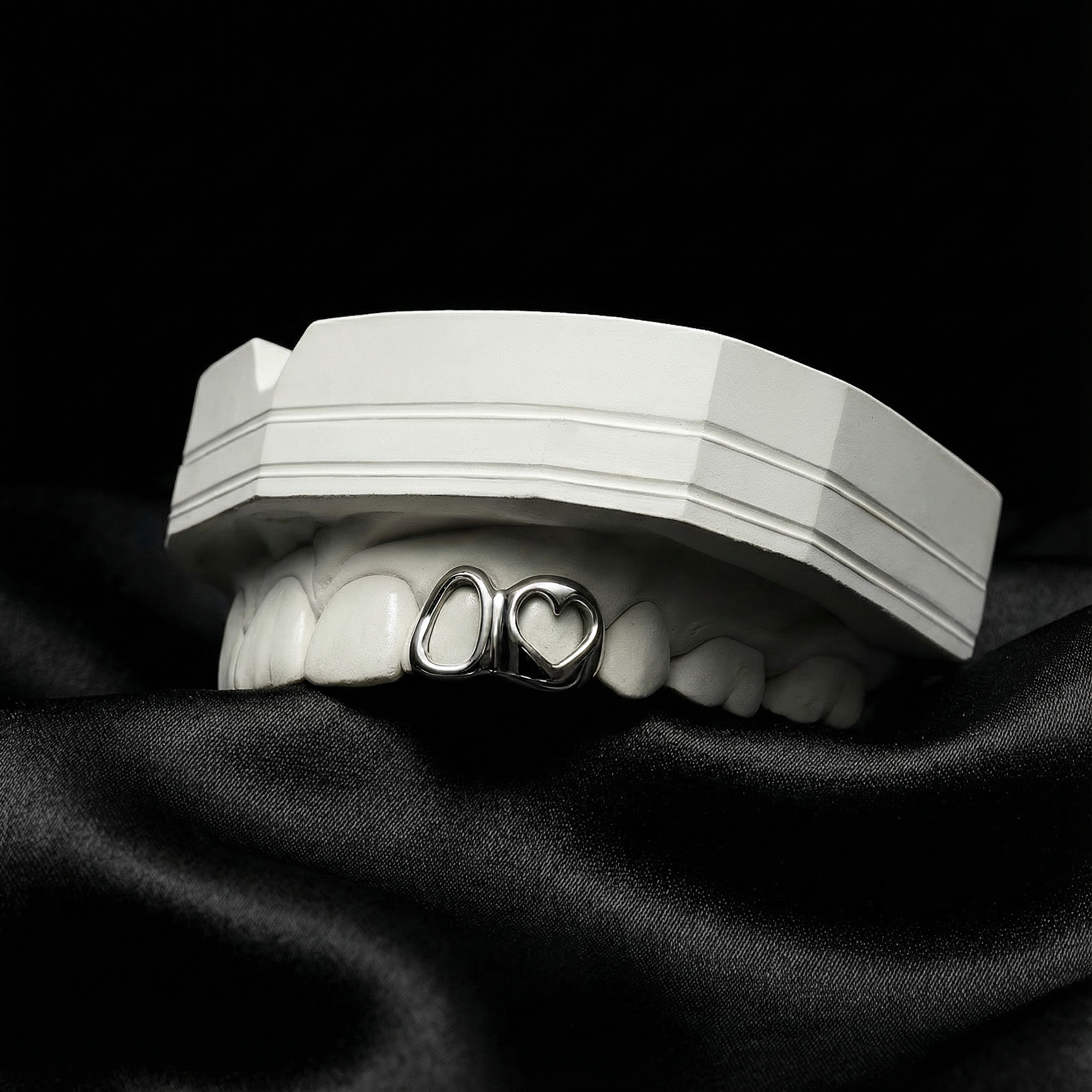 Custom silver heart grillz set with window