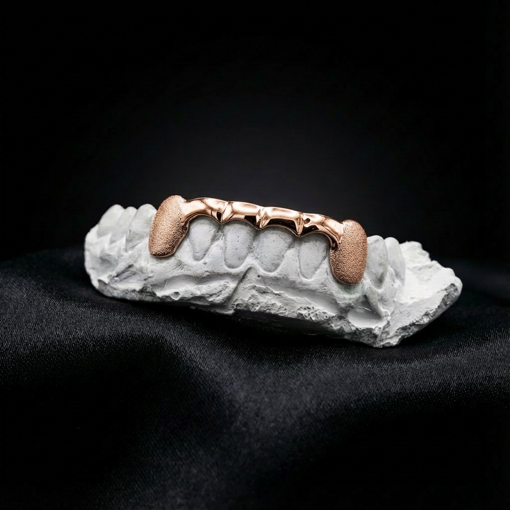 Custom grillz bar design in rose gold on bottom teeth with diamond dust