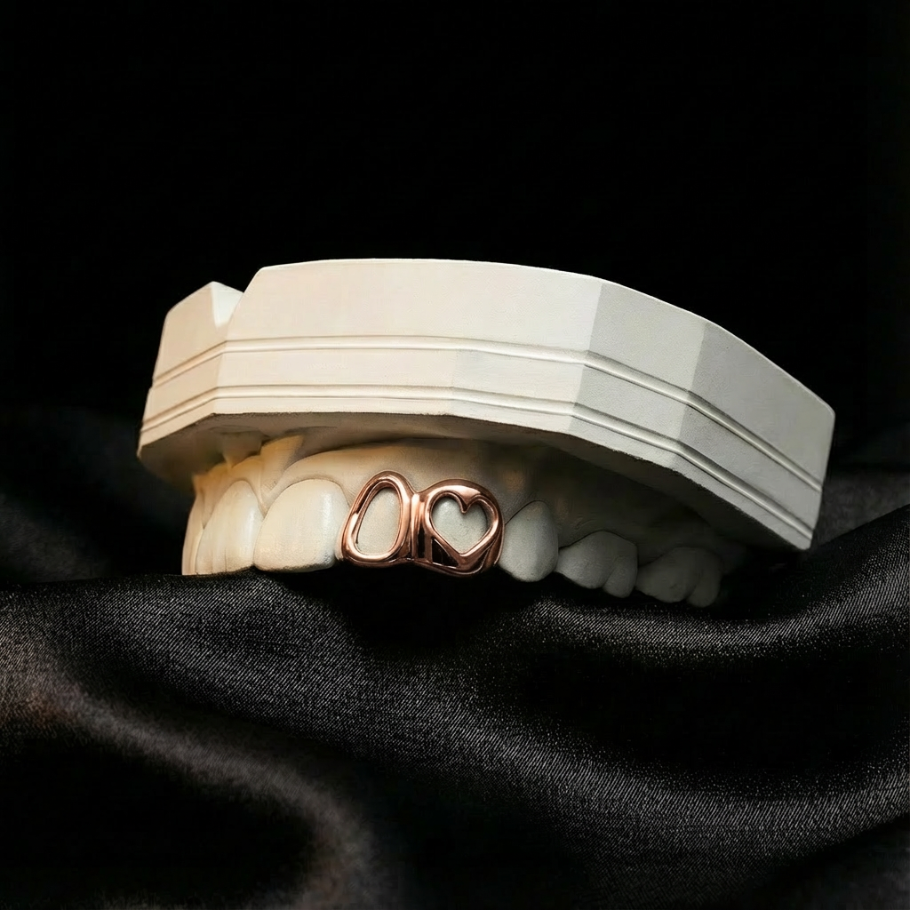 Custom rose golden heart grillz with window