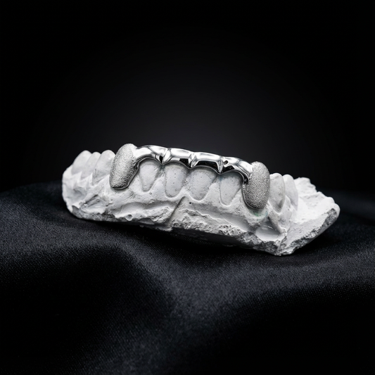 Custom silver bar grillz on bottom teeth with diamond dust