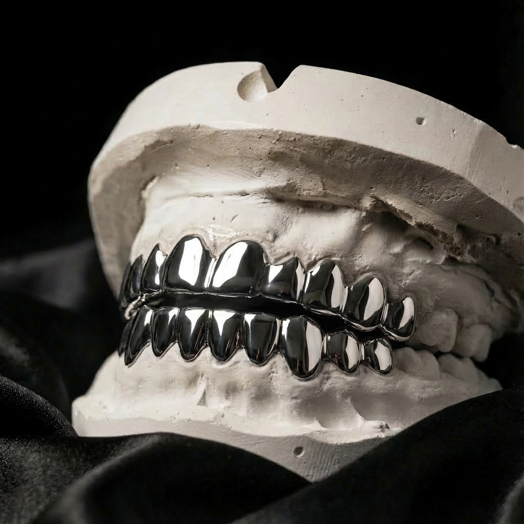SIlver grillz ten teeth on the top and bottom jaw.